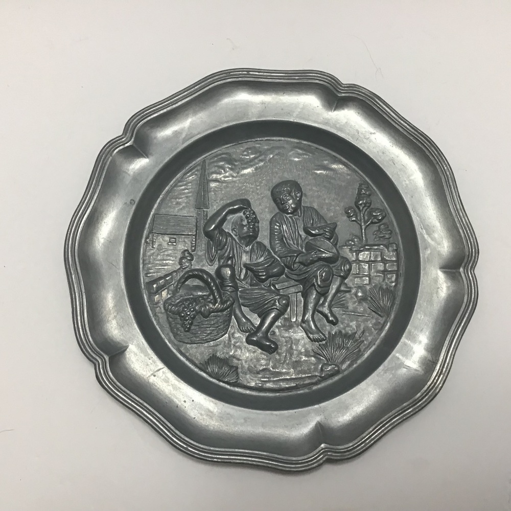 Vintage Pewter Plate 1950s Men Eating Collectible Wall Decor with Angel Hallmark